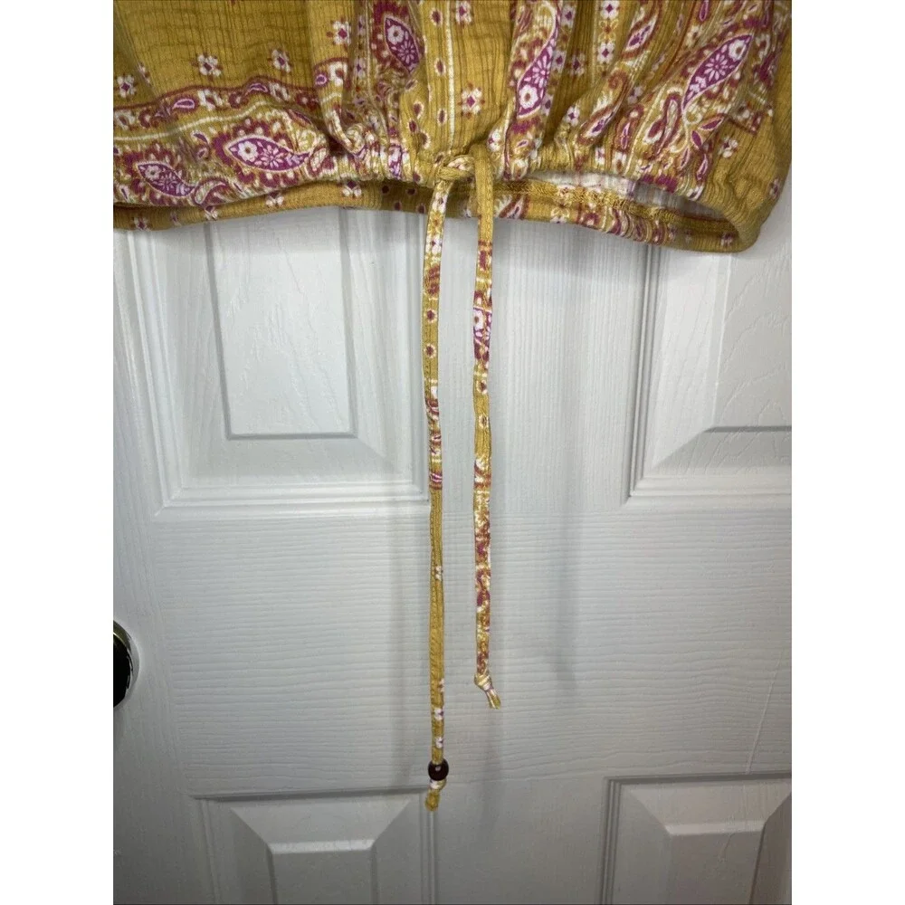 Como Blu Mustard Boho Peasant Blouse L Paisley Print Button Front Drawstring - Picture 4 of 8
